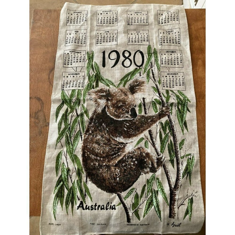 Vintage Pure Linen Kitchen Towel 1980 Koala Designed In Australia Heil New Art